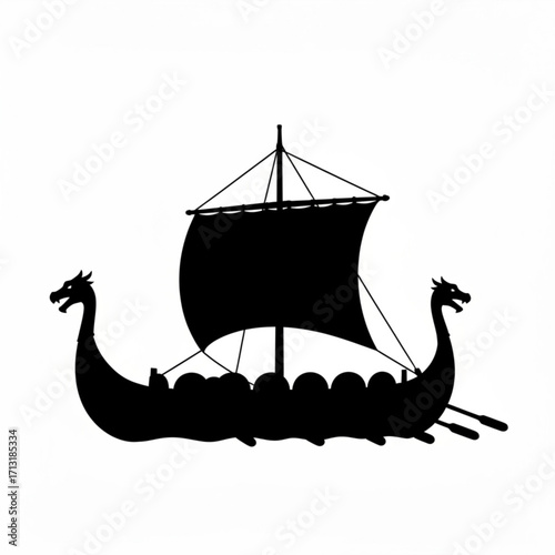 Silhouette of a viking longship with dragon heads and a large sail on a white background image view