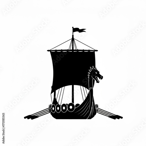 Silhouette of a viking longship with a dragon head prow and a single sail on a white background