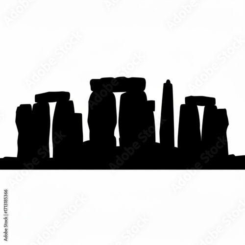 Silhouette of stonehenge monument with large vertical stones and horizontal capstones creating openings is shown