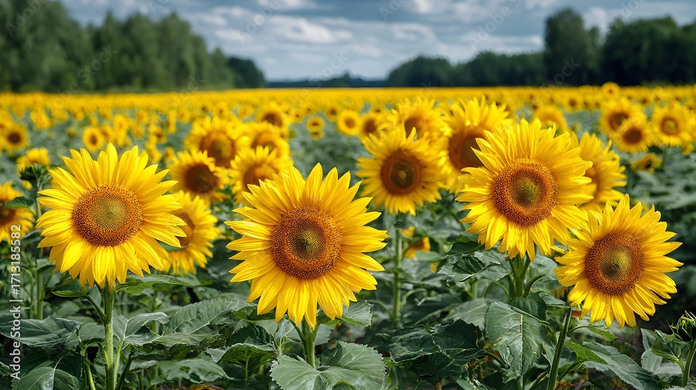 Fototapeta premium A vibrant field of bright yellow sunflowers stretches towards the horizon under a cloudy summer sky day.