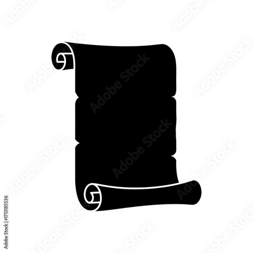 A black silhouette of a scroll with curled edges and a blank surface against a white background space