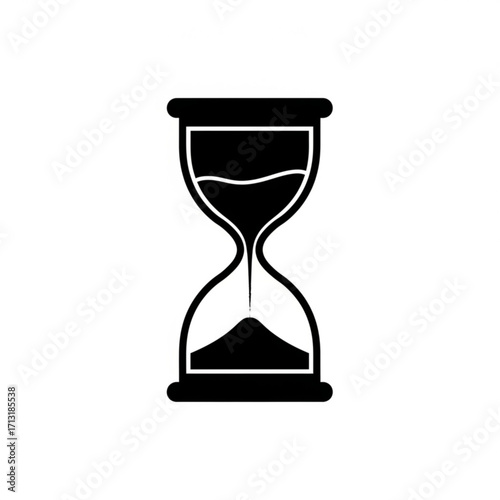 Illustration of a black hourglass with sand flowing from the top chamber to the bottom chamber on white
