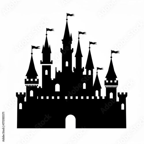 Silhouette of a majestic castle with multiple towers and flags against a white background in vector format