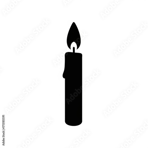 Silhouette of a single candle with a flickering flame isolated on a plain white background illustration