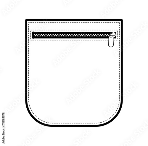 Patch Pocket with Zipper Rounded technical fashion illustration. Flat apparel template front view. Women, men unisex style item CAD mockup isolated on white background 