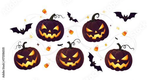 Spooky Halloween Pumpkin Lanterns and Bat Decorations on Dark Background
