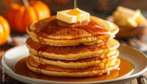 Golden pancakes, dripping maple syrup.