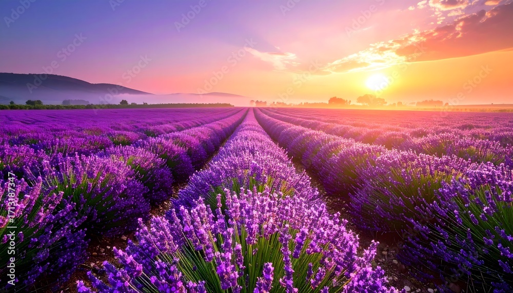 Naklejka premium Lavender field at dawn glows in sunlight
