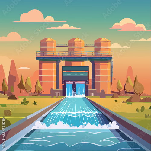 Hydroelectric Dam Water Flowing into Canal