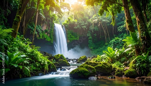 Lush waterfall flows in tropical forest