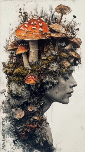 An image of a woman with mushrooms on her head