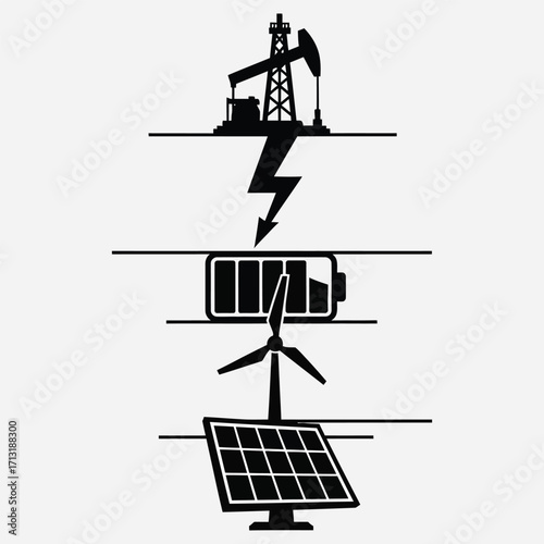 Energy transition concept showing the shift from fossil fuel extraction and oil rigs to sustainable renewable power sources like wind and solar, with integrated battery storage