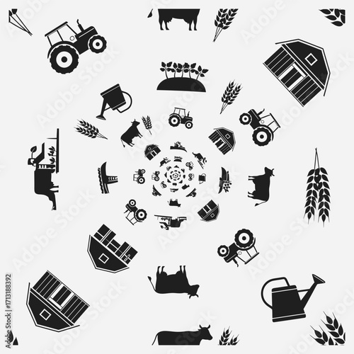 Abstract black and white illustration of farming and rural life icons spiraling in a creative vortex