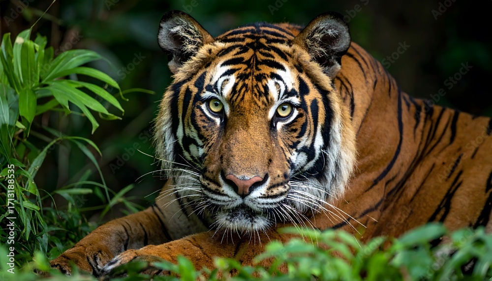 Fototapeta premium Resting tiger in jungle close portrait