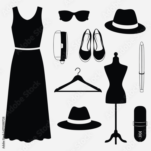 Fashionable Icons Black and White Silhouette Composition of Stylish Essentials
