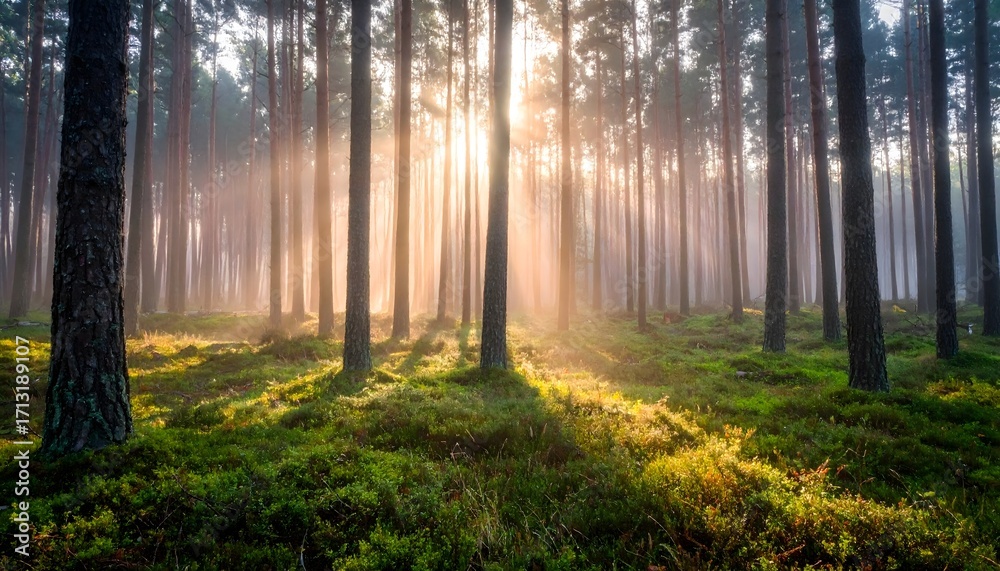 Obraz premium Sun illuminates misty pine tree forest