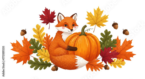 Whimsical autumn scene featuring a charming fox cuddling a pumpkin amid fall foliage and acorns