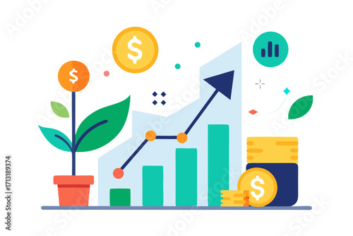Financial growth concept with plant, coins, and upward trending bar graph finance money