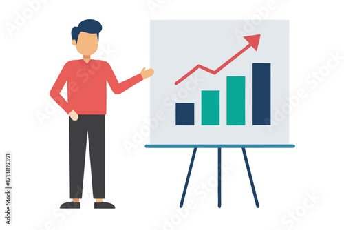 Man presenting a bar graph with upward trending arrow on a whiteboard presentation person