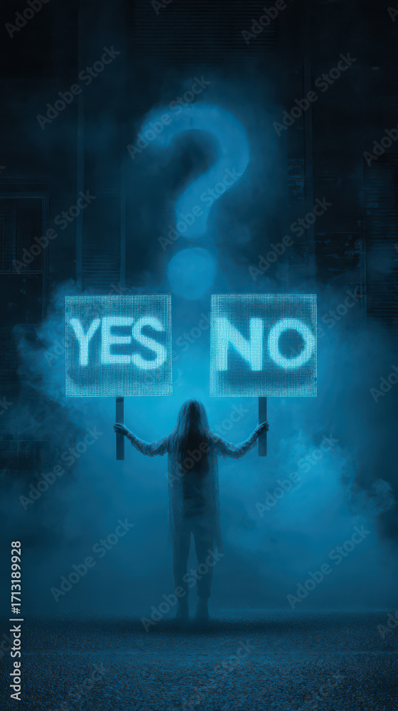 Fototapeta premium A thought-provoking image of a silhouetted figure, holding glowing signs with YES and NO.