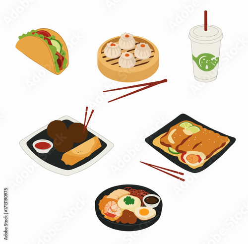 A vibrant collection of diverse international cuisine illustrations, featuring tacos, dim sum, Asian dishes, and a beverage, on a clean white background.