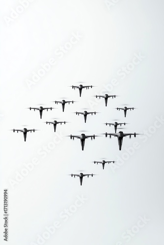 Aerial view of aircraft formation flying in clear sky, showcasing precision and coordination.