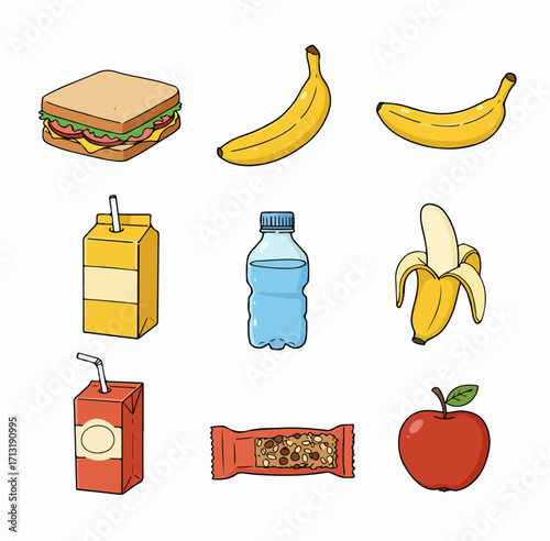 A vibrant assortment of lunchbox essentials and healthy snack items, including fresh fruits, a sandwich, beverages, and a granola bar, illustrated on white.