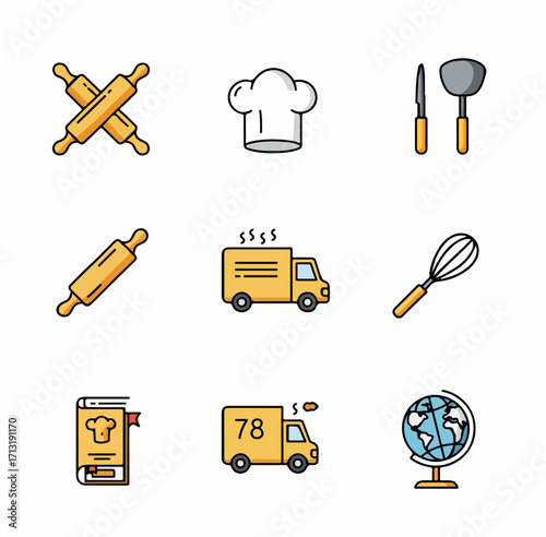 Diverse Cooking, Baking, and Food Logistics Icon Set Featuring Kitchenware, Culinary Professionals, Recipe Guides, and Delivery Trucks
