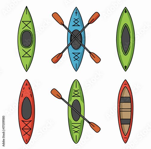 Colorful cartoon kayaks and canoes with paddles in various designs, top view. Ideal for water sports, outdoor recreation, and adventure illustrations.