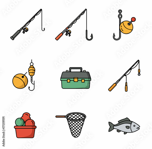A vibrant collection of fishing gear icons featuring rods, reels, hooks, bobbers, tackle box, net, bait, and a fish, perfect for angling enthusiasts.