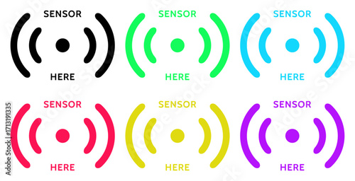 Vector illustration showing six colorful sensor icons with concentric wave patterns and the text “SENSOR HERE” in different colors.