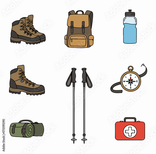 Collection of essential hiking and camping gear: boots, backpack, water bottle, trekking poles, compass, first aid kit, and sleeping bag for outdoor adventures.
