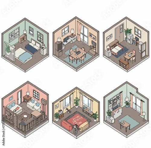 Charming isometric hand-drawn illustrations showcasing a collection of cozy home interior rooms, including bedrooms, living areas, dining spaces, and a study.