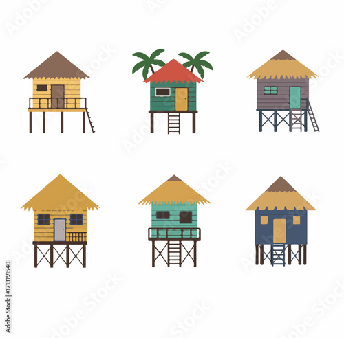 Colorful illustration set of various traditional stilt houses, beach bungalows, and tropical huts, perfect for travel, vacation, and exotic destination themes.