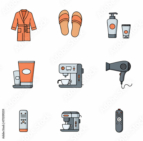 Essential hotel amenities and home comfort items illustrated with a clean, flat design, including bathrobes, slippers, personal care, coffee, and remotes.