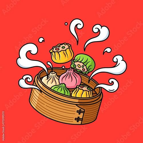 Steaming dim sum dumplings in a bamboo steamer, colorful and cartoonish illustration.