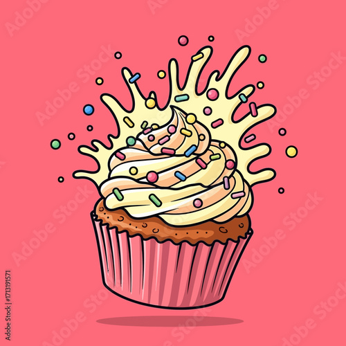 A delicious cupcake with vanilla frosting and sprinkles, decorated with a creamy splash.