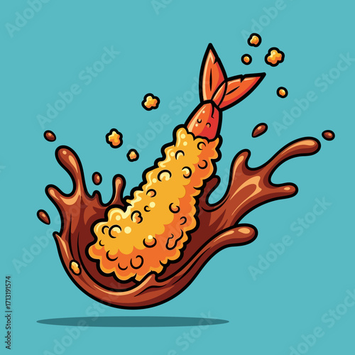 A cartoon illustration of a crispy shrimp tempura splashing into a savory dipping sauce.