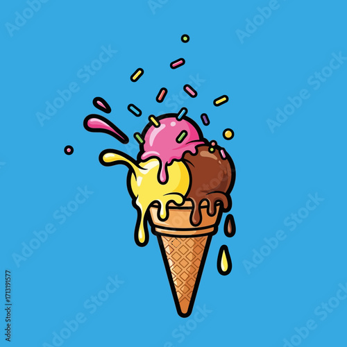 A vibrant illustration of a melting ice cream cone with three scoops of different flavors and colorful sprinkles against a bright blue background.