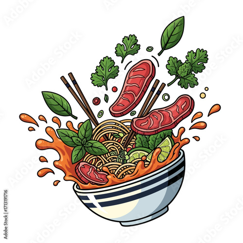A dynamic illustration of a steaming bowl of pho, with noodles, beef slices, herbs, and lime splashing out.