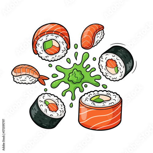 A vibrant illustration of various sushi rolls and nigiri surrounding a splash of bright green wasabi.