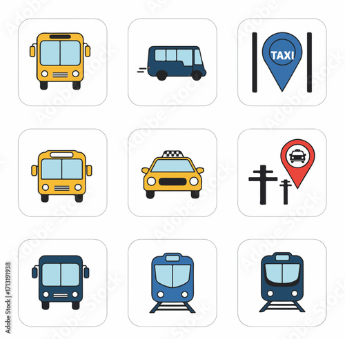 Collection of vibrant flat design transportation icons, including buses, taxis, and trains, perfect for illustrating urban mobility, public transport services, and travel navigation apps.