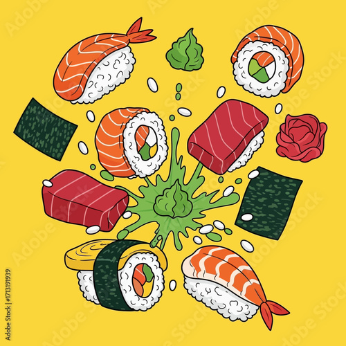 Cartoon sushi assortment with tuna, salmon, shrimp, seaweed, wasabi, and ginger on a yellow background.