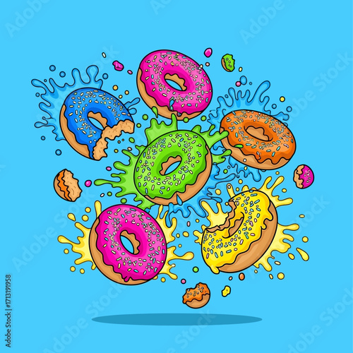 Colorful donuts with sprinkles and splashes, a fun and vibrant illustration.