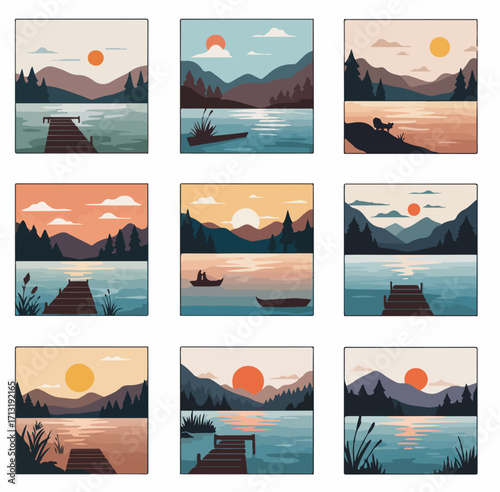 Minimalist vector landscapes: serene lake and mountain scenes with sunrises and sunsets, featuring docks, boats, and tranquil natural elements.