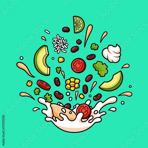 A vibrant illustration of fresh taco ingredients exploding out of a bowl with a splash of creamy sauce.