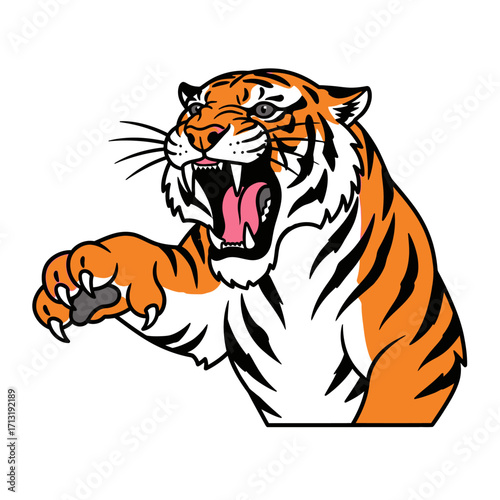 A fierce tiger with its mouth open, showing sharp teeth and claws, in a dynamic pose.