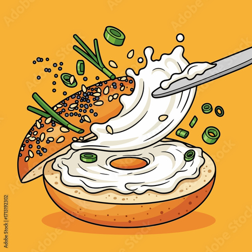 Illustration of a bagel being spread with cream cheese, with chives and sesame seeds.