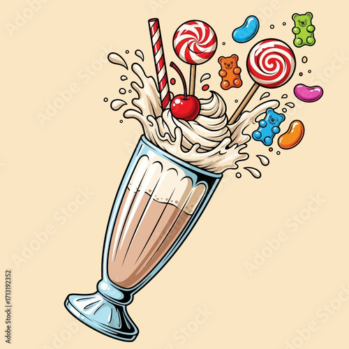 A delicious milkshake with whipped cream, cherries, lollipops, and gummy bears.