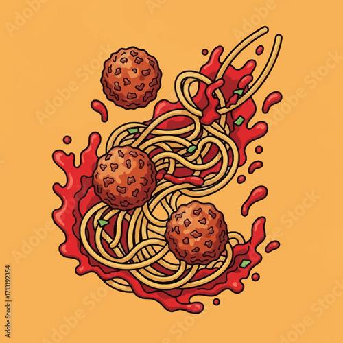 A vibrant cartoon illustration of spaghetti and meatballs splashing in a rich tomato sauce against a yellow background.